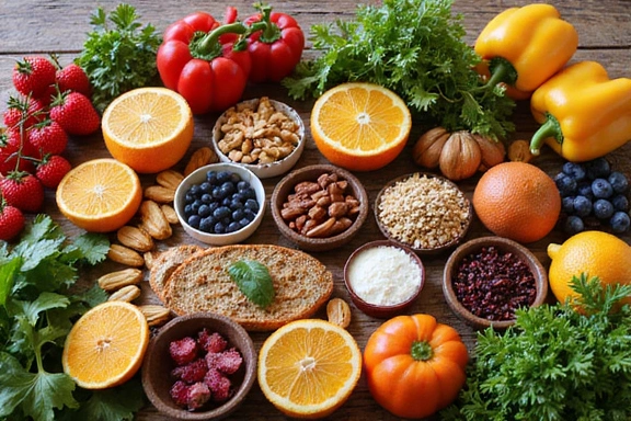 Eine Vielfalt an gesunden Lebensmitteln wie Obst, Gemüse, Nüsse und Vollkornprodukte auf einem Holztisch.