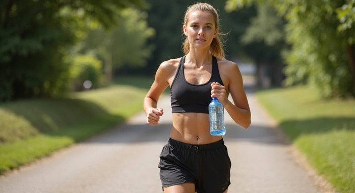 Ausdauersportler beim Laufen mit Flasche Wasser