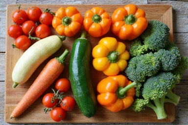 Bunte Gemüseauswahl auf einem Schneidebrett, bereit zum Kochen