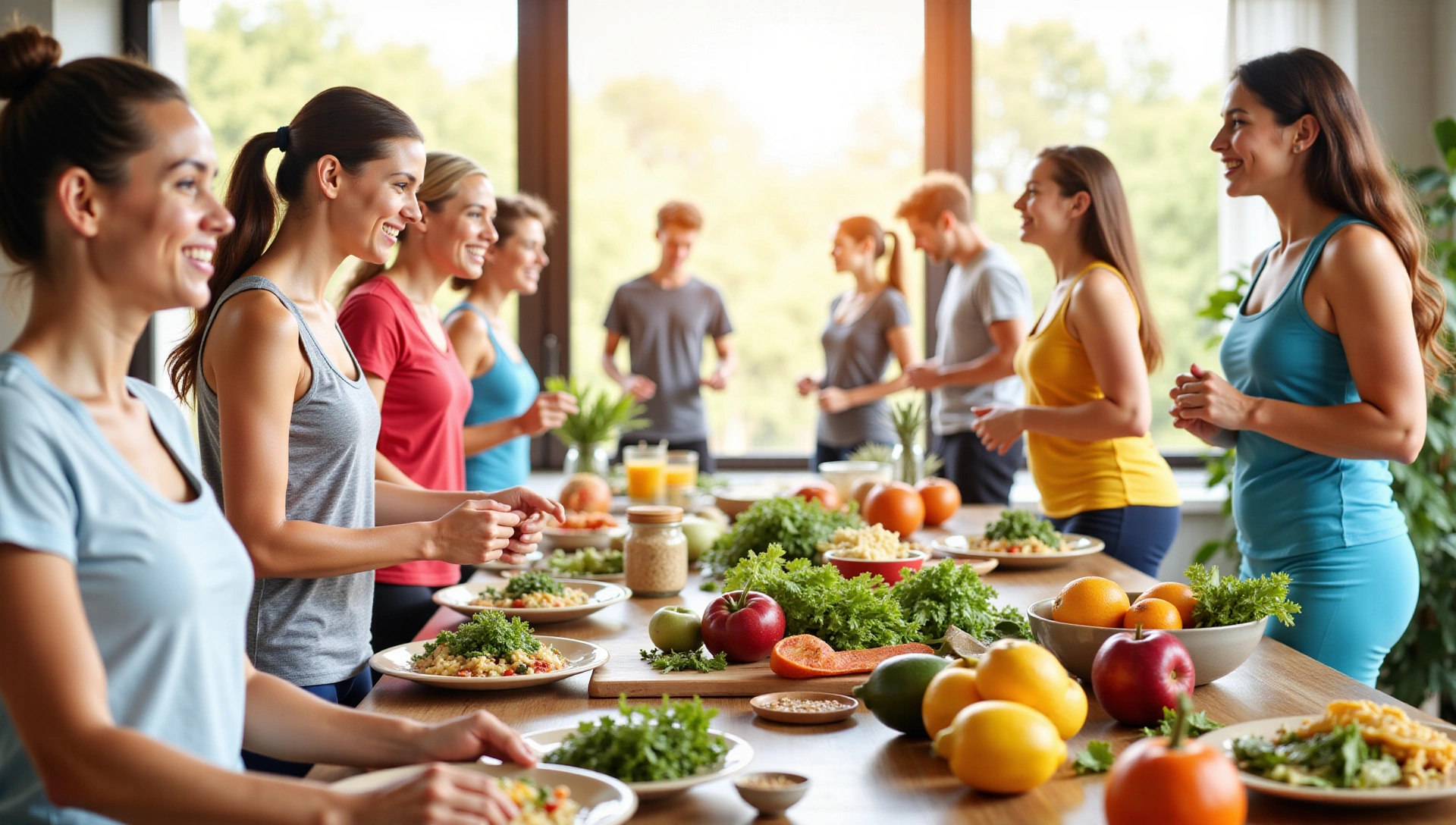 Frische gesunde Lebensmittel und glückliche, aktive Menschen