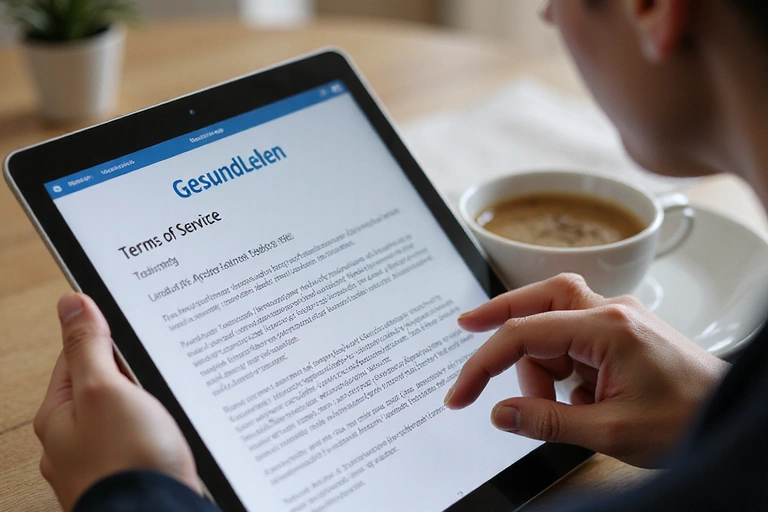 Person liest Nutzungsbedingungen auf einem Tablet